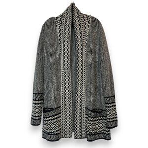 Lucky Cardigan Sweater Boho Black Tan Pockets Southwestern Large